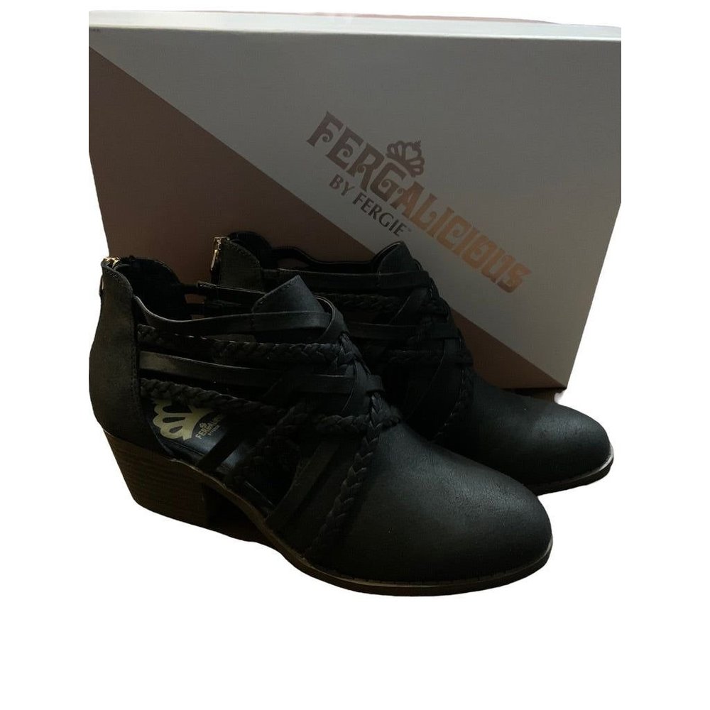 6M Fergalicious Black Bunker Bootie 2" Block Heel Braided Detail Goldtone Zipper